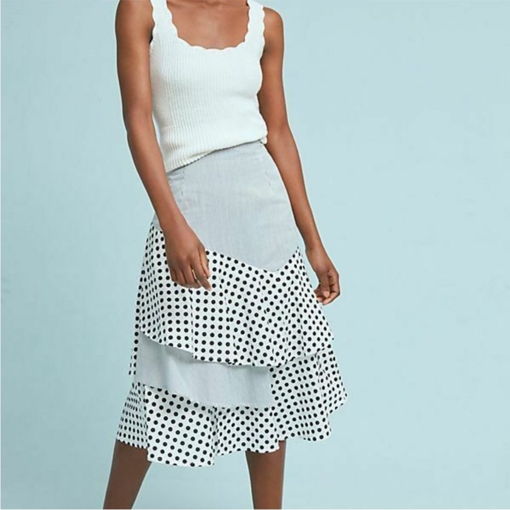 Anthropologie MONARC Vernazza Dots & Stripes Midi Skirt Size Small Cotton Summer